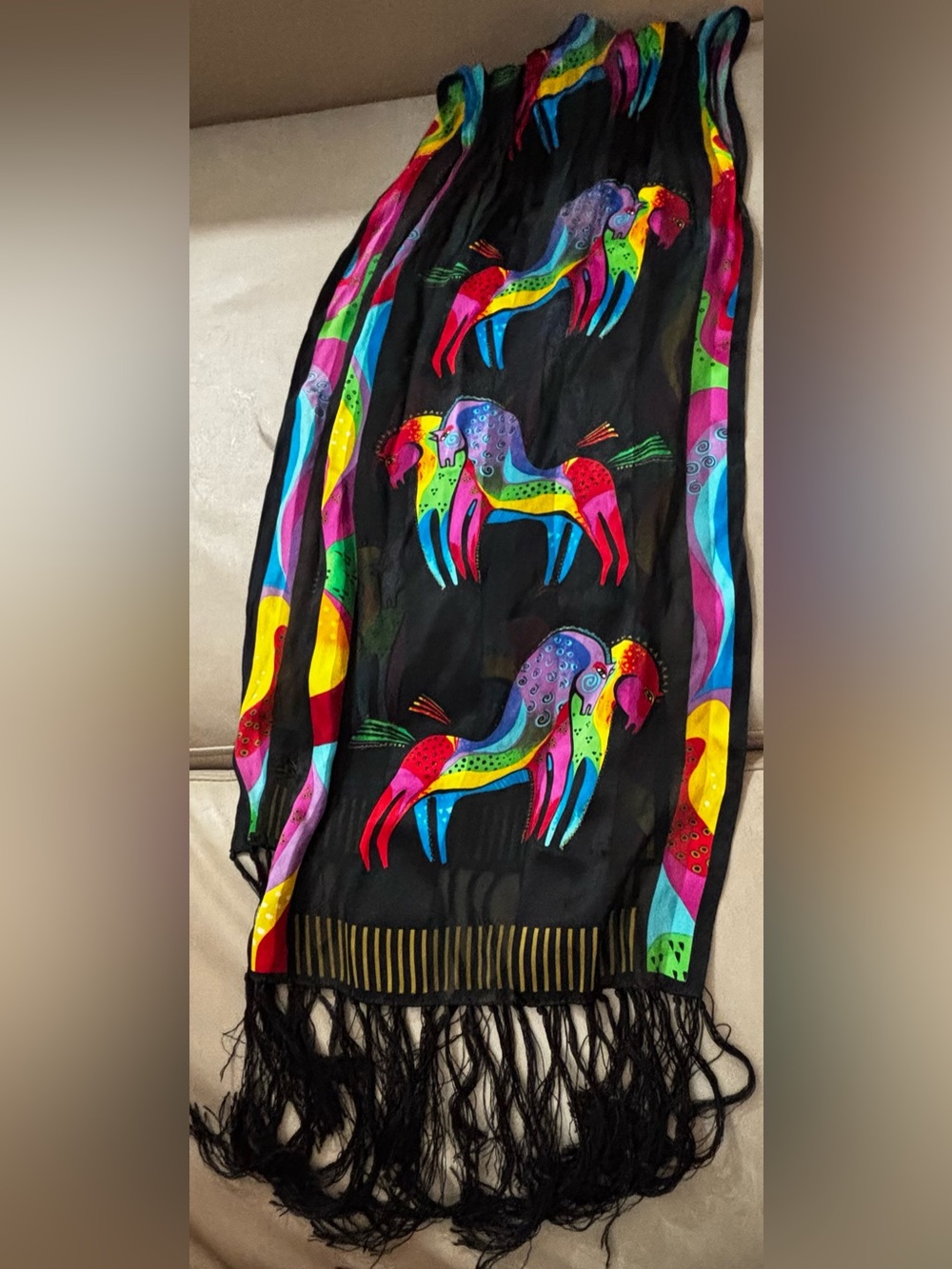 Laurel Burch 100% Silk Colorful Horse Fringe Scarf Wrap 11x53”